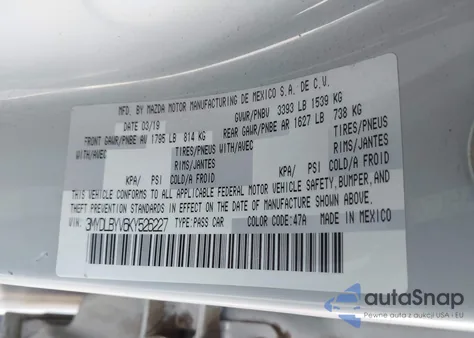 2019 Toyota Yaris Le z USA, uszkodzony, nr VIN 3MYDLBYV6KY526227